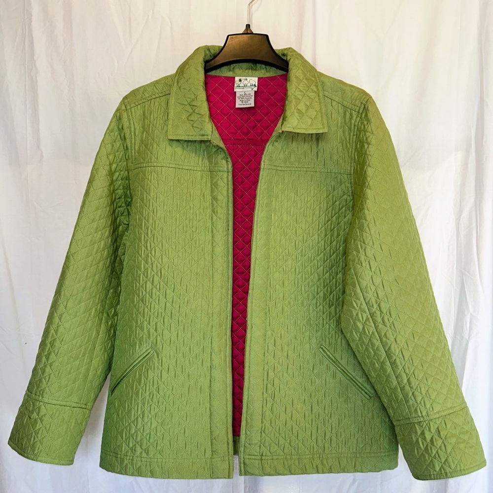 Quacker Factory Silk Quilted Jacket - Lime Green & Pink - Open Front Topper- L